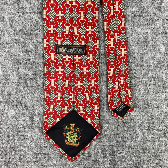 Paolo Gucci Silk Tie Mens‎ Vintage Made In Italy Red Equestrian Chain Pattern - Picture 2 of 9